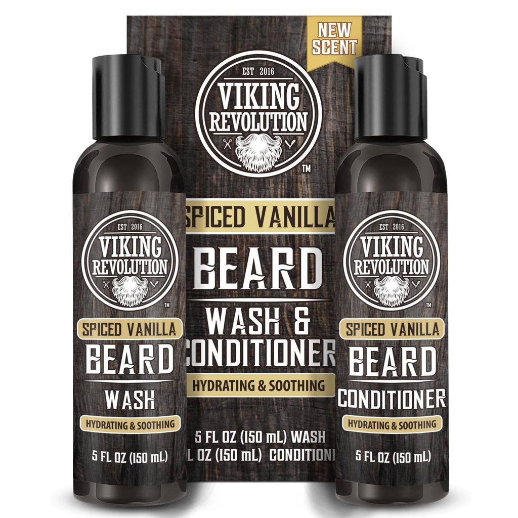 Viking Revolution은 Argan Oil과 Jojoba Oil을 가진 남자를위한 세탁 및 Beard 컨디셔너 - Beard Softener 및 Strengthener Beard Care Beard 샴푸 및 컨디셔너 (5oz, Spiced Vanilla)