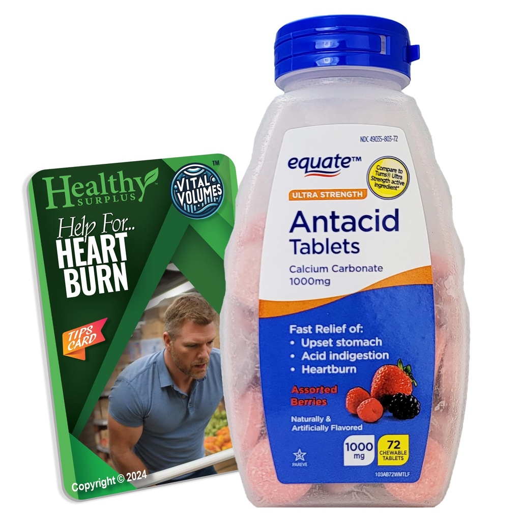 Ultra Strength Antacid Tablets - 탄산 칼슘 1000mg - 71 Chewable Tablets Assorted Berries 및 Vital Volumes Tips Card 번들