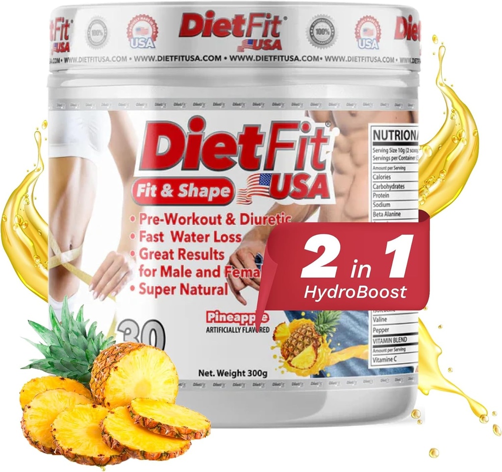 DIETFIT | 사전 운동과 중력 300 그램 | Hydroboost 2-in-1 | Pre-Workout & Diuretic | Intense Energy | 파인애플 맛 | 30 인분 | 피트니스 보충제