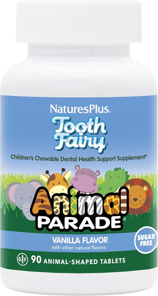 NaturesPlus Animal Parade Tooth Fairy Children's Chewables - 자연 바닐라 맛 - 90 동물 모양 정제, 2 팩 - 치과 건강 보충 - 채식주의, 글루텐 무료 - 90 총 봉사