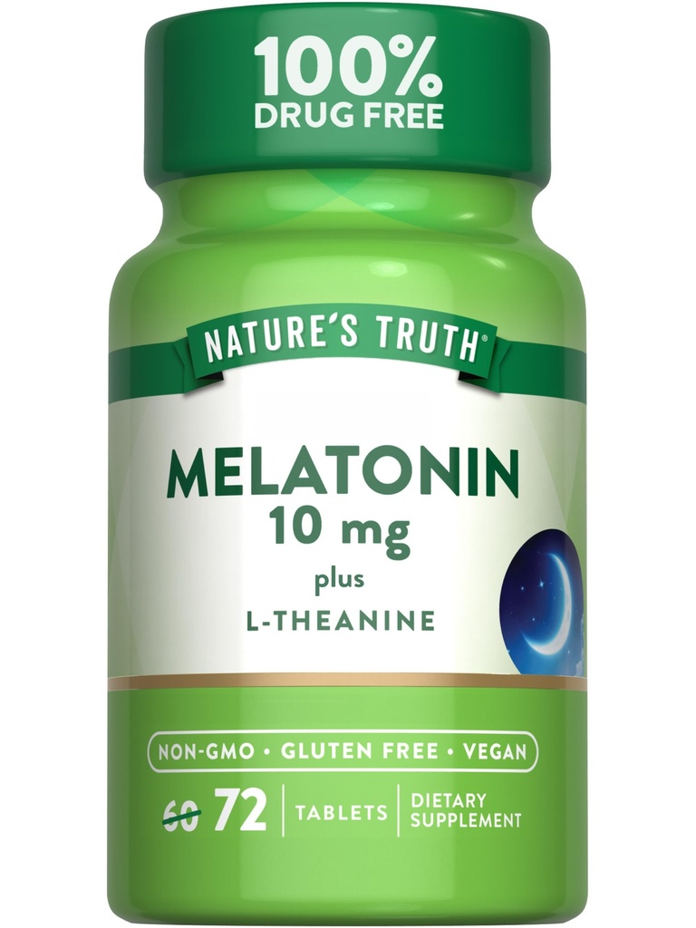 자연의 진실 Melatonin 10 mg + L-Theanine | 72의 정제 | 최대 힘 | Vegan, Non-GMO 및 글루텐 무료 보충교재