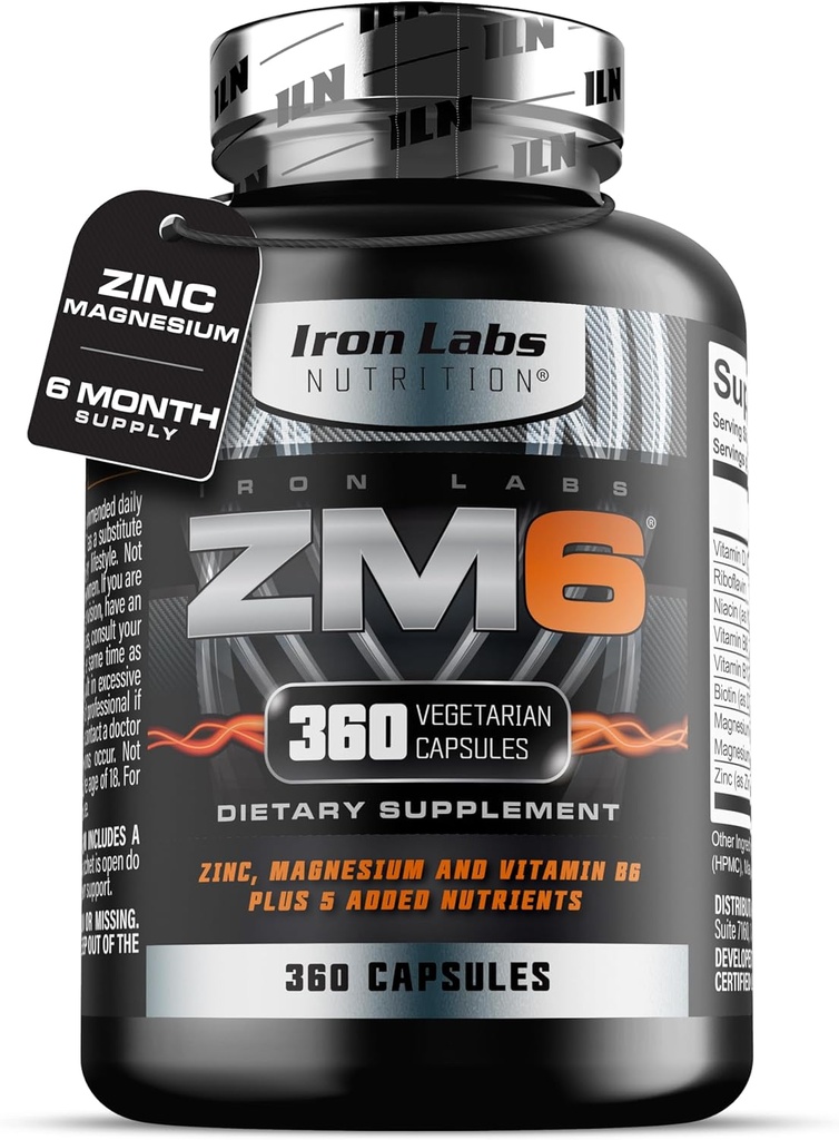 Iron Labs ZM6 - 6 개월 공급 - 아연 마그네슘 아스파이트 보충 - 360 채식 캡슐 - 마그네슘 및 아연 보충제 남성 및 여성