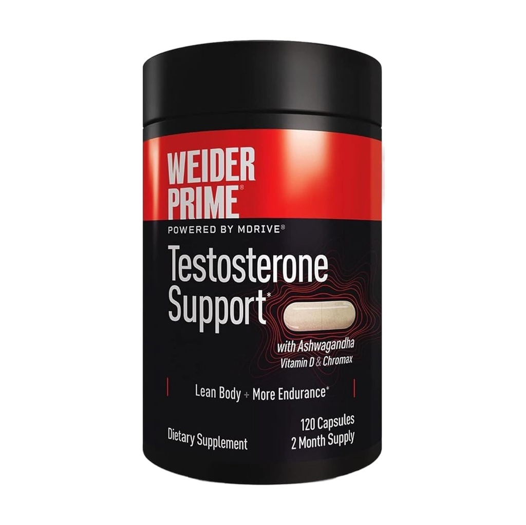Weider Prime Testosterone Support - 남성 영양 - Ashwagandha, Chromax Chromium, Bioperine & 아연 - 글루텐 무료 - 120 캡슐