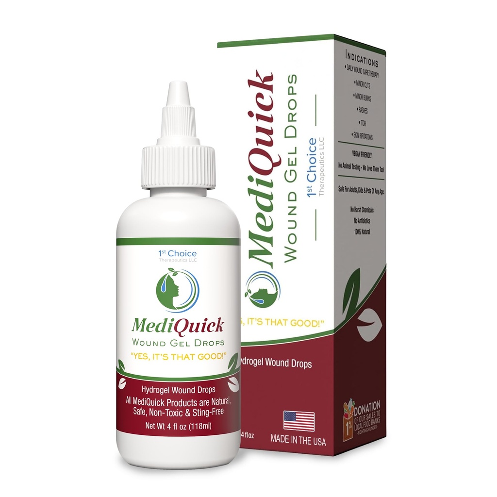 MediQuick Skin & Wound Care Hydrogel Drops - 치유에 대한 12 시간 행동과 빠른 치유 응급 처치, 화상, 염증, 돌진, 이치, Eczema & More - No-Sting과 안전한 부상 세척 - 4 Fl Oz