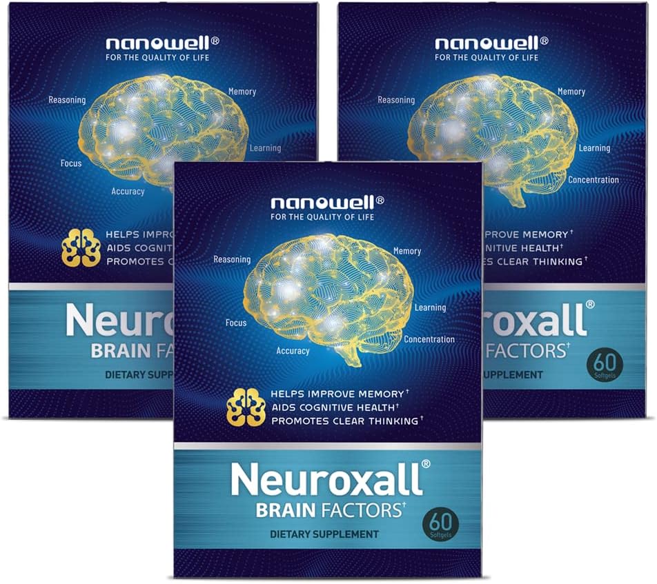 NANOWELL Neuroxall 두뇌 건강 보충 강화 된 인지 기능 및 정신 Clarity, Astaxanthin, Ginkgo Biloba 추출물, 산화 방지제 - 60 Softgels X 3 박스 3 개월 (180 카운트)