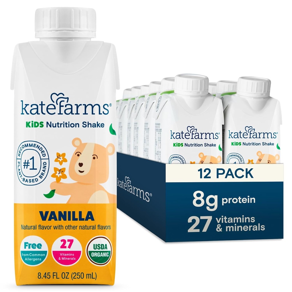 KATE FARMS 유기 아이 영양 Shake, 바닐라, 단백질 8g, 27 비타민 및 광물, 식사 보충 음료, 단백질 Shake, 글루텐 무료, 비 GMO, 8.45 Fl oz (12의 포장)
