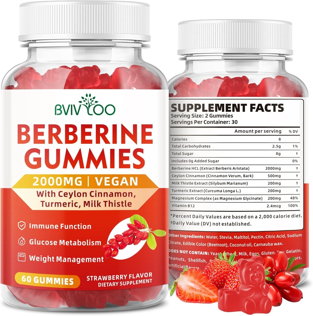 Berberine Gummies,Sugar 무료 2000mg 높은 Potency Berberine HCI 보충교재, 플러스 Ceylon Cinnamon, 여성 & 남자를 위한 우유 이틀, 면역 체계 & 대사 지원 - 60 Gummies