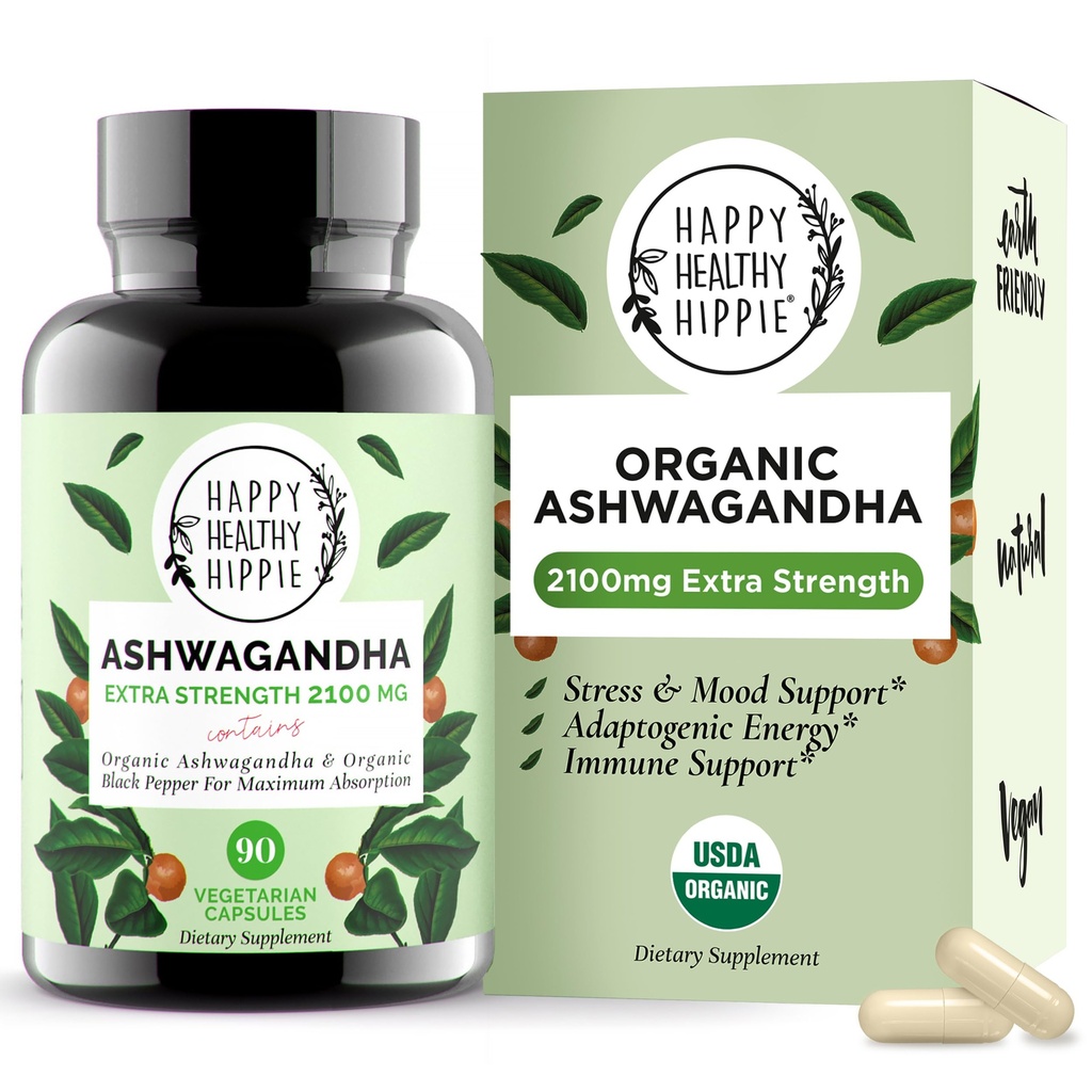 유기 Ashwagandha 캡슐 2100mg - 스트레스 릴리프 보충 - 추가 강도, 100 % 초본, 에너지, 무드 & Cortisol 관리자, 높은 흡수를위한 검은 후추 포함 - Non-GMO, 90 Ct