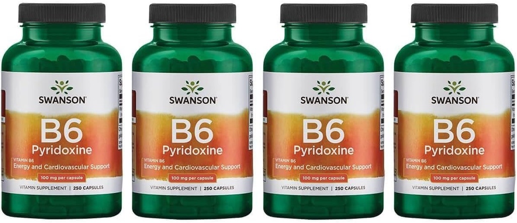 Swanson B6 Pyridoxine - 비타민 보충 심혈관 건강 및 에너지 대사 촉진 - 전반적인 웰빙을 촉진하는 천연 공식 - (250 캡슐, 100mg 각각) (4 팩)