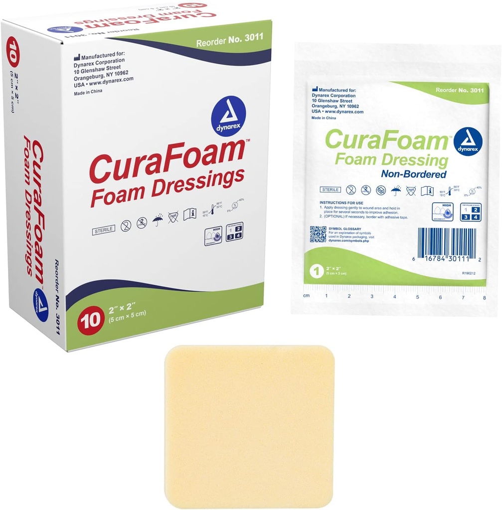Dynarex 3011 CuraFoam Foam Dressing, Non-Bordered, Sterile, 쿠션 및 Moist Wound Care, 2 "x 2", 10 팩 제공