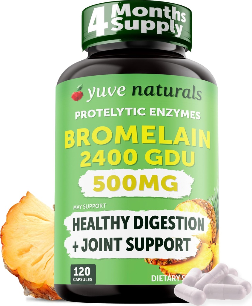 Yuve 높은 효능 Bromelain 500mg 2400GDU 소화 효소 - Pineapple의 Gut & 합동 건강 - 식물 기반, 비 GMO, 3rd 파티 테스트 - 120 캡슐