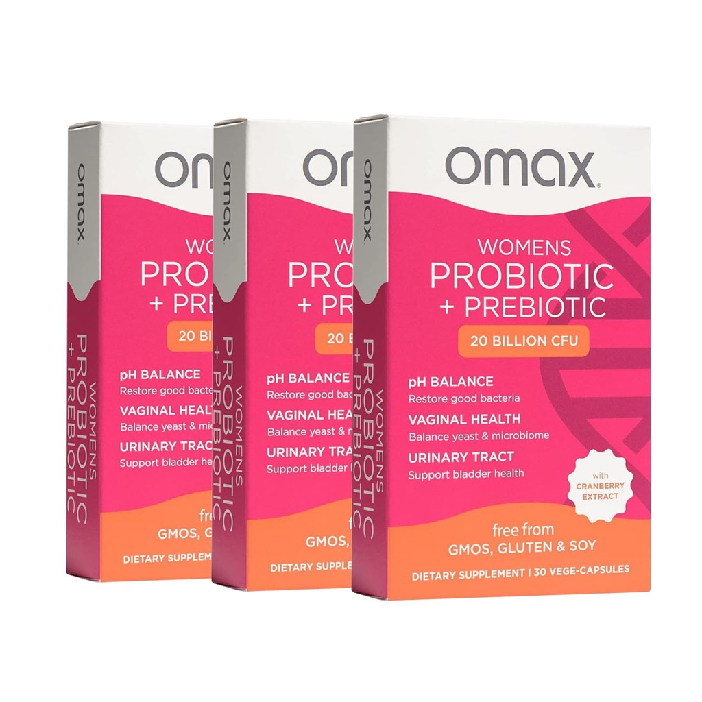 Omax3 Womens Probiotic + Prebiotic, Cranberry & Chicory Root, 20 억 CFU, 6 임상 입증 된 Strains, 질 pH, UTI, Bloating, (5 월 채식) | 90 Vege 캡슐 (3 박스)