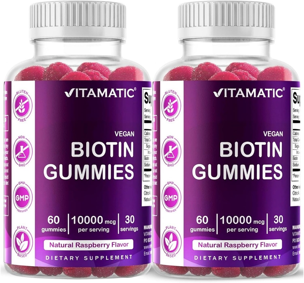 Vitamatic Biotin Gummies 강한 머리, 피부 & 못을 위한 10,000 mcg - 60 Vegan Gummies - 또한 부르는 비타민 B7 (2 병)