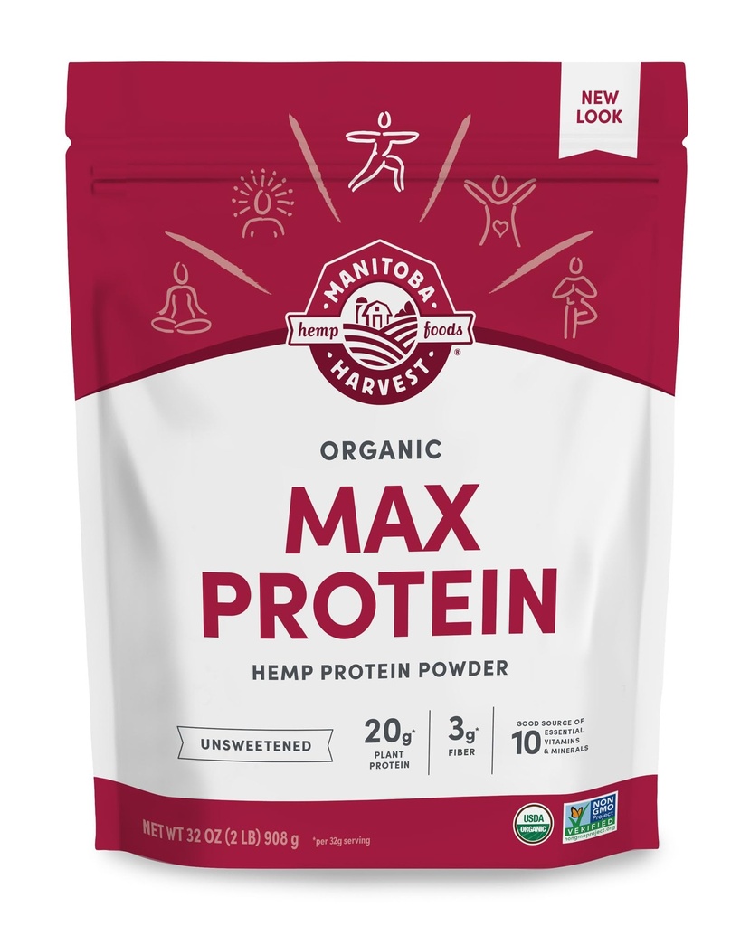 Manitoba Harvest Hemp 그래 유기 최대 단백질 분말, 미완성, 32oz, 20g 단백질과 4.5g 오메가 3 & 6, 서빙 당, Keto-Friendly, 보존 무료, 비 GMO, 포장 May Vary