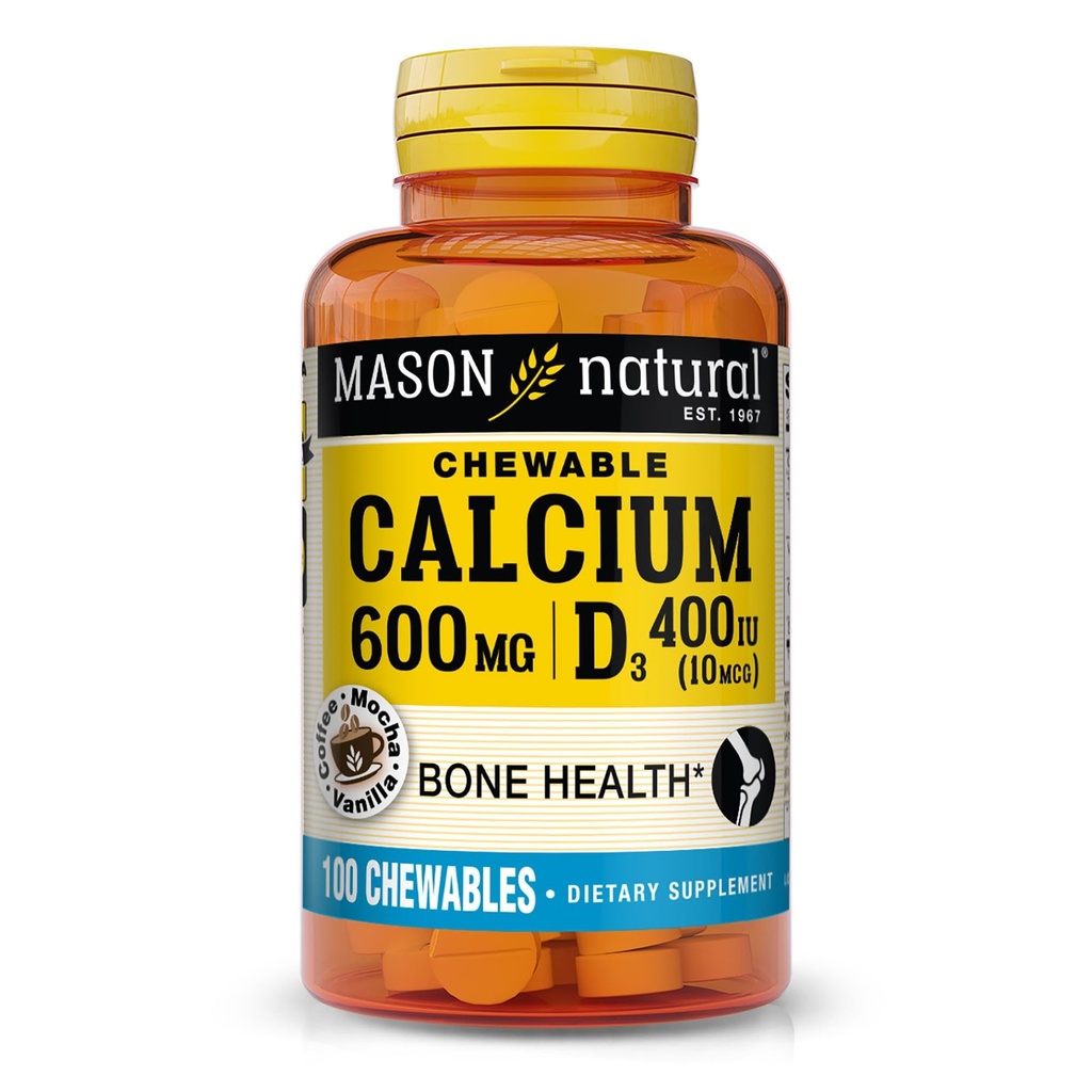MASON NATURAL 칼슘 600 mg 비타민 D3, 100 일 공급, 지원 건강한 뼈 & 정상적인 근육 기능, 커피 모차 풍미, 100개의 Chewables