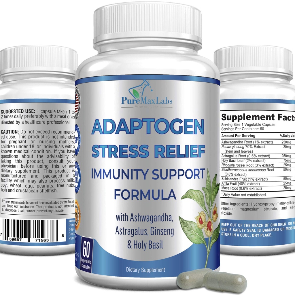 Adaptogen 스트레스 완화 면역 지원 공식 - Ashwagandha, Astragalus, Ginseng, Holy Basil, Rhodiola, Amla, Maca, Schisandra, Non-GMO와 Adaptogenic Adrenal 지원 - 60 캡슐