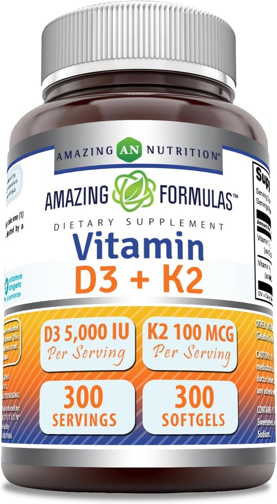 놀라운 수식 비타민 D3 5000 IU 비타민 K2 100 Mcg | D3 + K2 복합 보충 | Softgels | Non-GMO | 글루텐 프리 | 미국 (1 팩, 300 개)