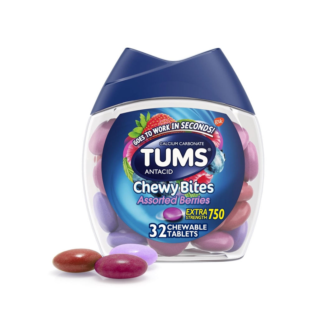 TUMS Chewy Bites Chewable Heartburn & Acid Indigestion Relief, Assorted Berries, 32 카운트를위한 불안정한 정제