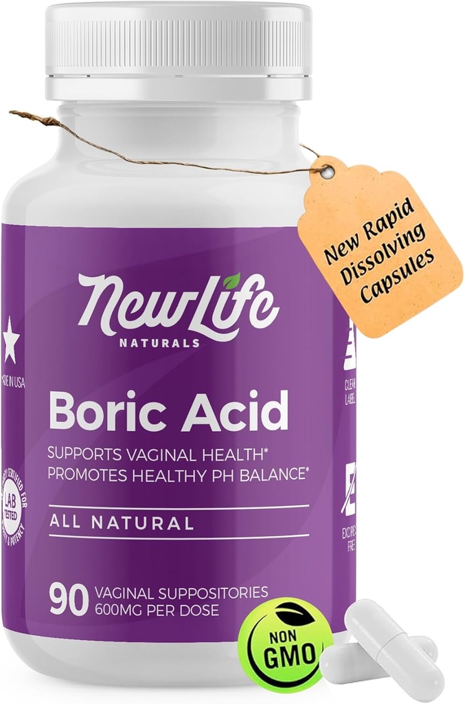 NewLife 자연 - 의학 급료 붕산 질 좌약 - 600mg - 100% 순수한 여자 PH 균형 알약 - 효모 감염, BV - 90의 캡슐: 미국에서 만드는