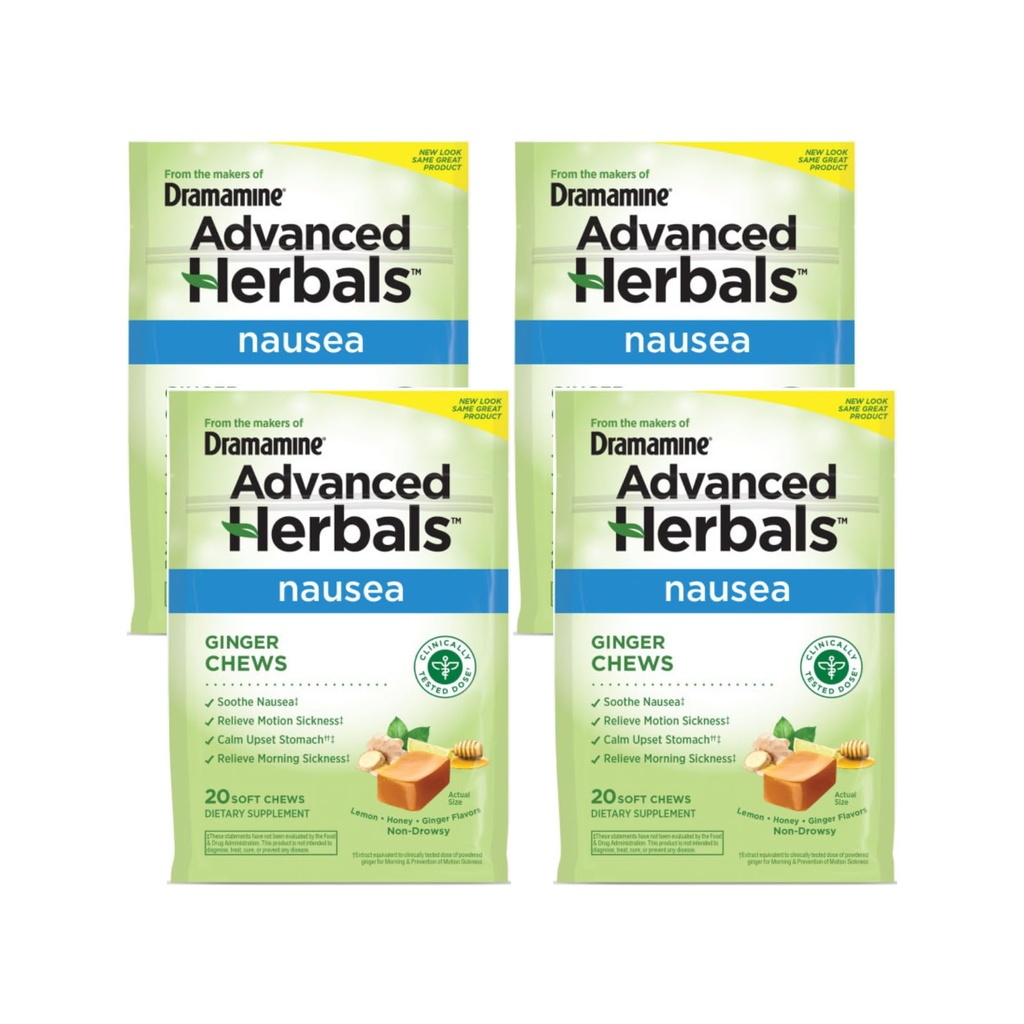 Dramamine Ginger Chews, Nausea, Lemon Honey Ginger 풍미, 20 Soft Chews (4의 포장)와 도움말