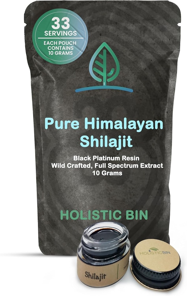 홀리스틱 빈 Shilajit 수지 - Himalayan Fulvic & Trace - 블랙 플래티넘 수지 - Shilajit Extract - Mix Into Liquid - 서빙 Spoon 포함 - 10g