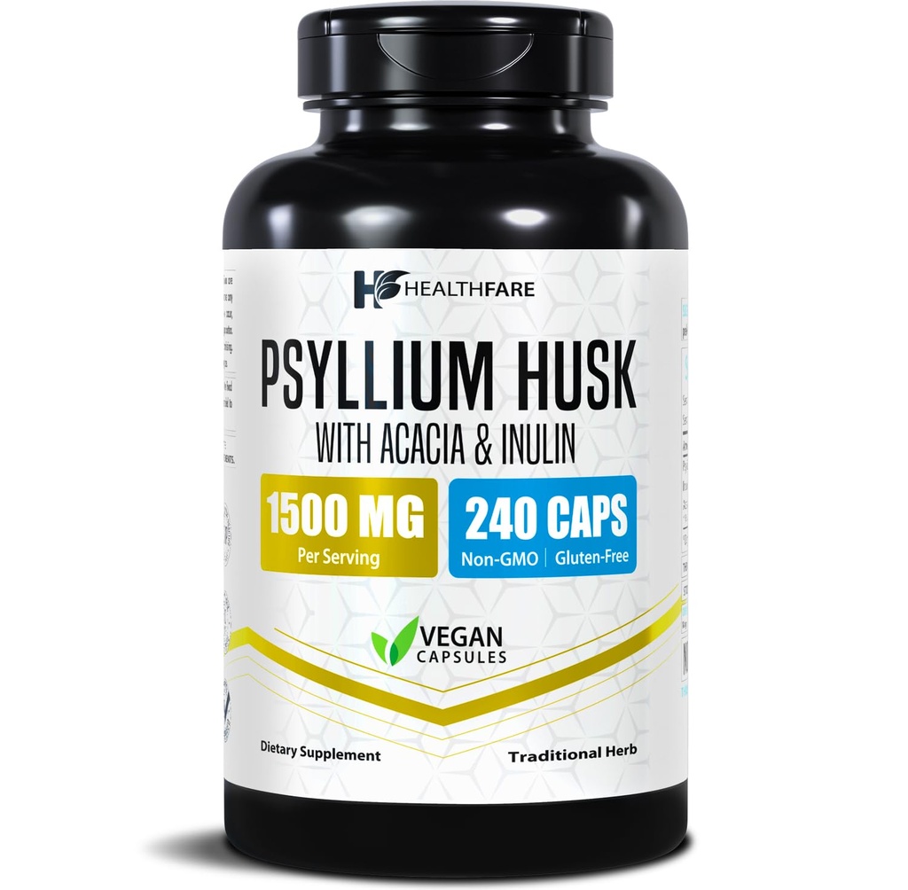 Healthfare Psyllium Husk Fiber 1500mg | 240 Vegan 캡슐 | 추가 강도 섬유 보충 | 소화 건강 지원 | Non-GMO, 글루텐 프리 | 미국제