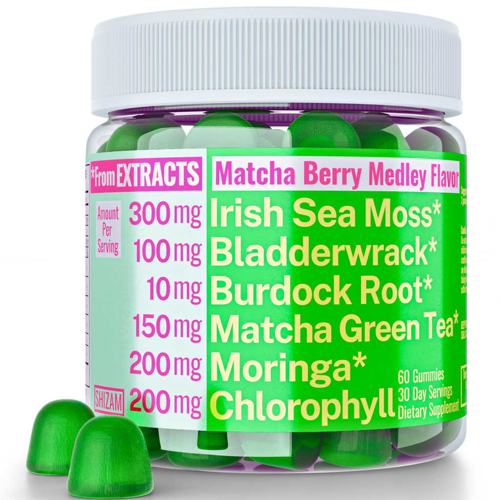 Moringa Irish Sea Moss Chlorophyll EGCg Green Tea Burdock Root Bladderwrack Super Greens Gummies, Powder Capsules Pills Liquid Drops Oil Tincture Supplement 보조 식품 Alt, Organic Green Seamoss
