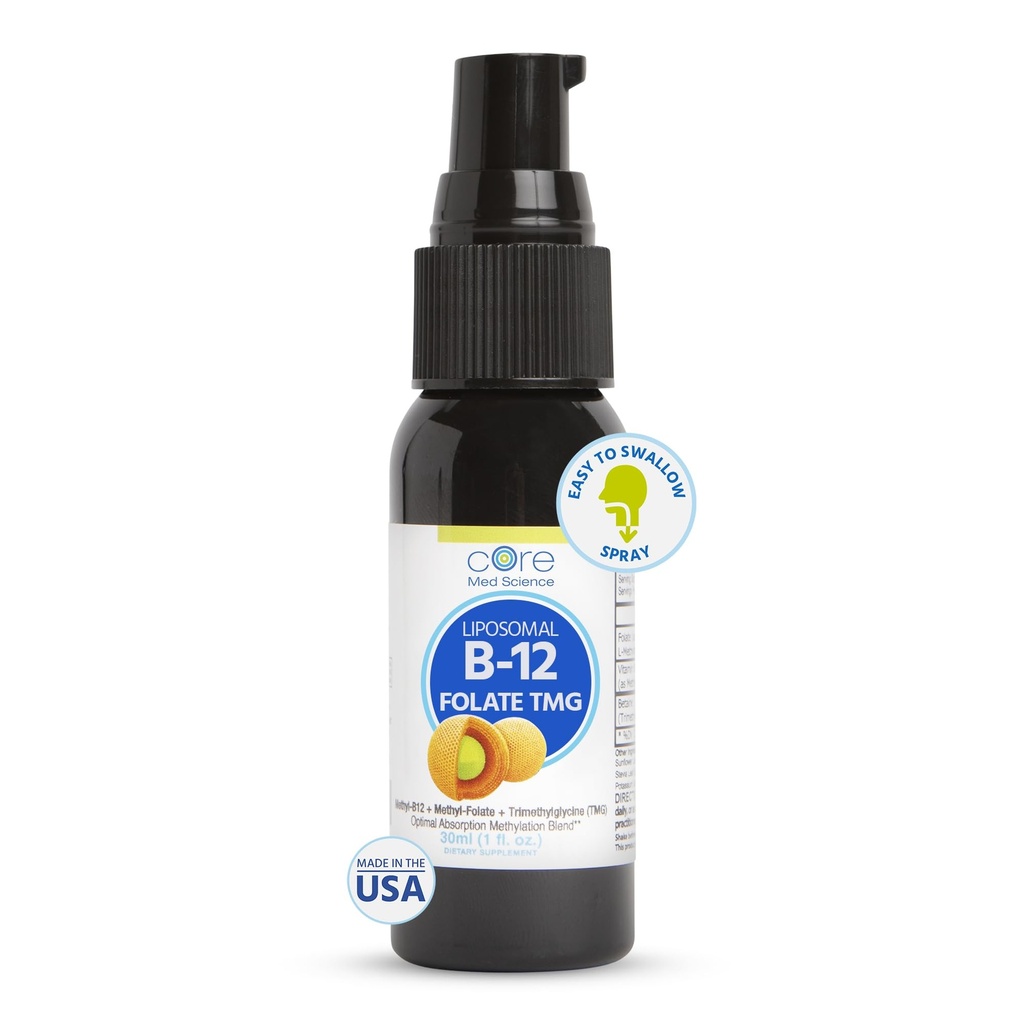 핵심 Med 과학 Liposomal B12 Folate TMG 액체 살포 보충교재 여성 & 남자를 위한 - 지원 계류, 인지, & 심장 건강 - 비타민 B9 & Homocysteine 수준을 위한 Betaine & 메틸화 주기, 1개 Fl Oz