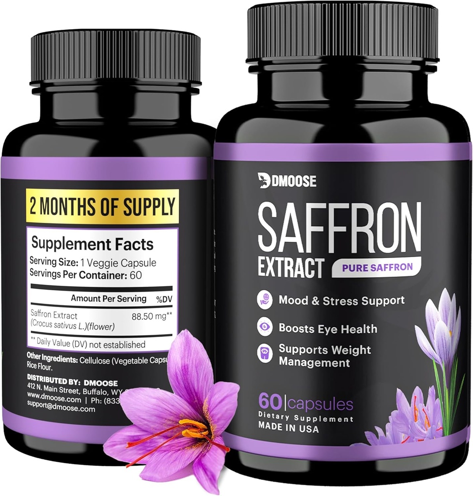 DMoose Saffron Extract (88.5 mg) - 에너지 강화, 지원 눈 건강 - 남성 및 여성을위한 비 GMO Saffron 보충 - 60 캡슐 (2 개월 서빙) (60 개)