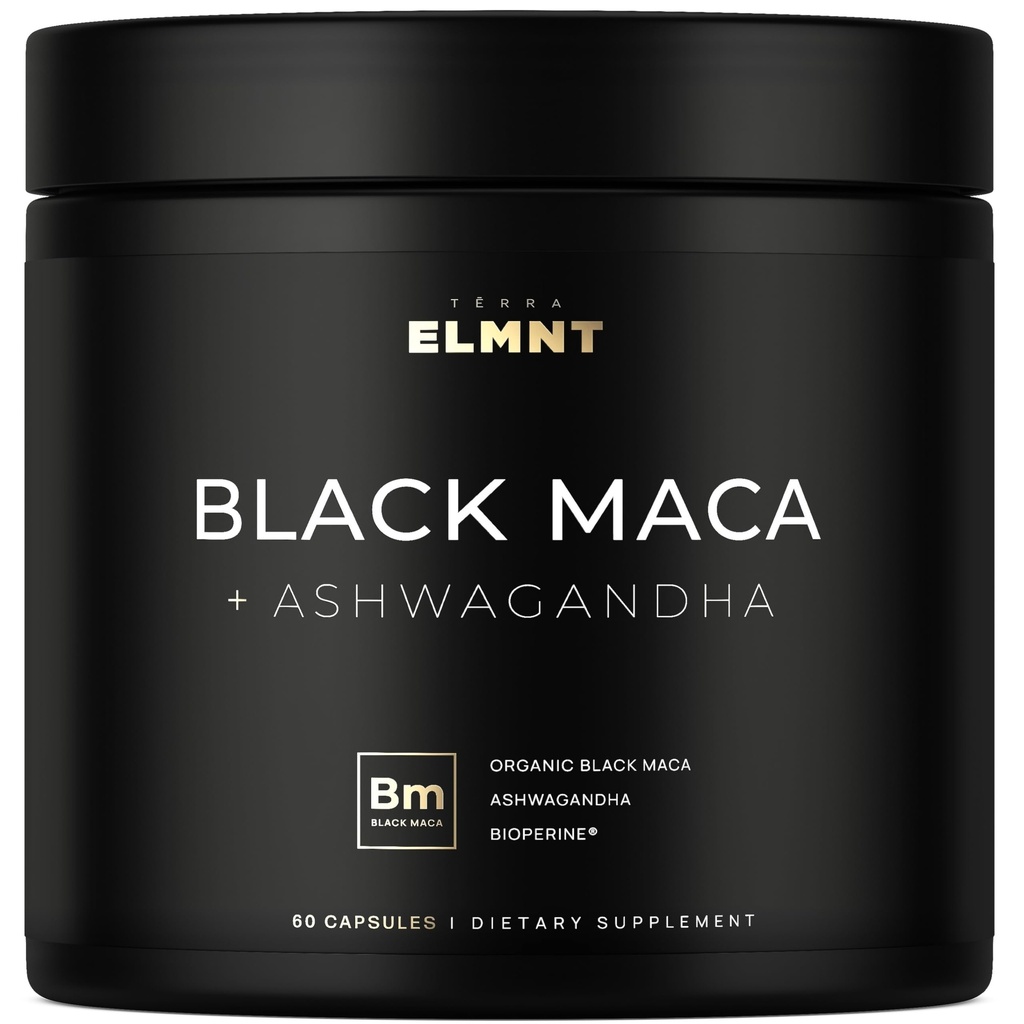 ELMNT 40,000mg 40x 힘 유기 검정 Maca 뿌리 w. Ashwagandha - 남자 보충교재를 위한 #1 가장 높은 힘 까만 Maca 뿌리 캡슐 40:1 추출물 - 100% 순수한 Maca Peruana Maca 분말 알약 젤라틴화하는
