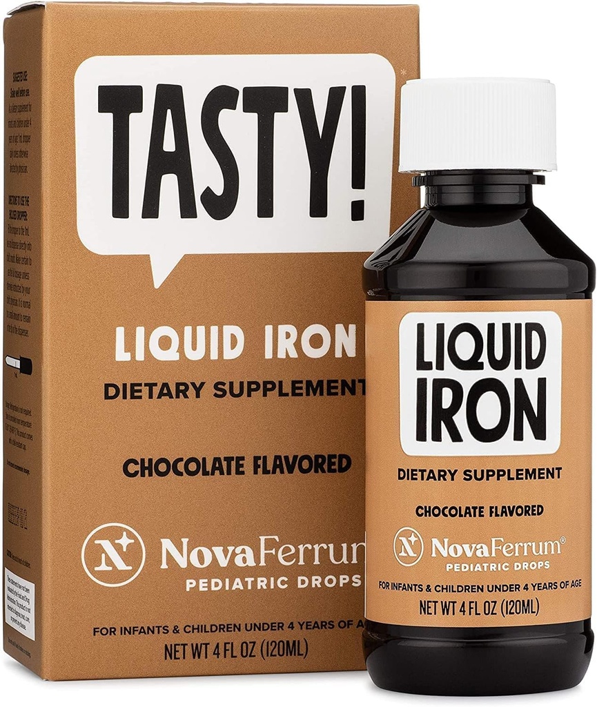 NovaFerrum Tasty | 소아용돌이는 유아, 유아용 침대용 액체철 보충 | 1mL당 철 15mg | 4세 이하 | 글루텐 무료 | 슈가프리 | 초콜릿 맛 | 120 인