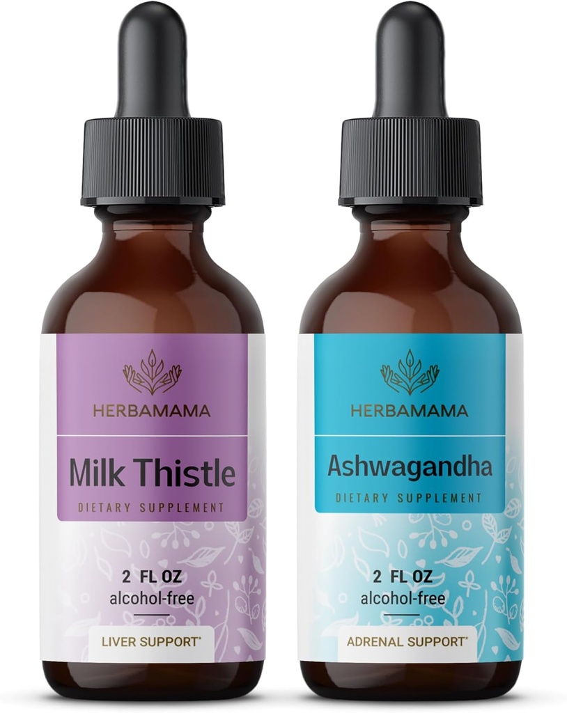 HERBAMAMA 허브 액체 드롭 키트 - 밀크 이틀 추출물 & Ashwagandha 루트 Tincture 2 fl oz - Vegan, Non-GMO, 설탕 및 알코올 - 2 팩