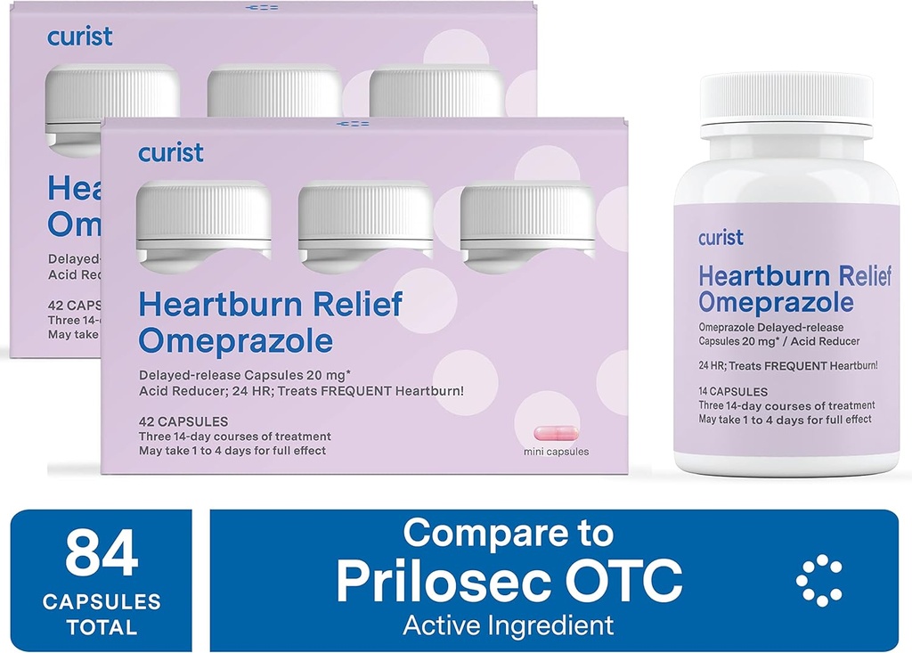 Curist Omeprazole 20mg 대량 84 ct (2 팩 42 ct) 캡슐 Delayed-Release - Heartburn 구호를위한 산성 Reflux 약 - Omeprazole 마그네슘 20.6mg 84 캡슐