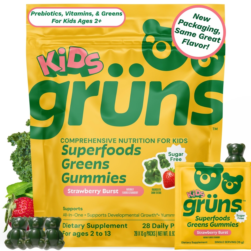 아이들을 위한 Gruns Multivitamin, 최고 녹색 Gummies, 20+ 비타민 & 무기물, Spirulina, Chlorella의 소화 건강을 위한 Prebiotics 섬유, Adaptogens 보충교재, 28 일 공급