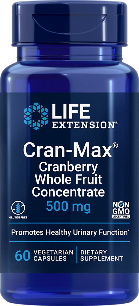 수명 연장 크랜 맥스®, 500 mg, 크랜베리 전체 과일 농축, 강력한 산화 방지제, 글루텐 프리, 채식, 비 GMO, 60 캡슐과 함께 유린 트랙 건강 촉진