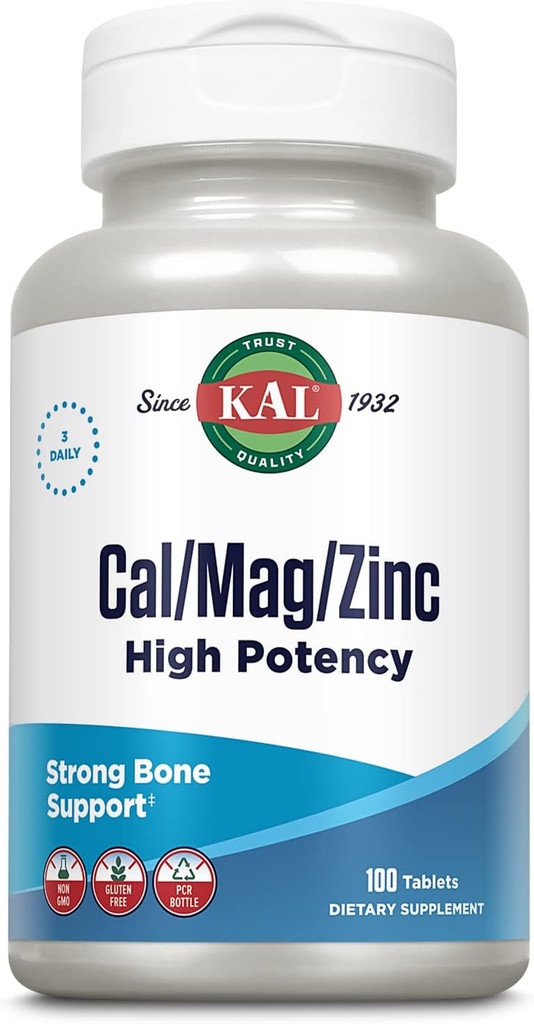 KAL Cal/Mag/Zinc | 1000mg 칼슘, 400mg 마그네슘 & 15mg 아연 | 뼈, 근육, 심장 및 면역 지원 | 100ct, 33 Serv