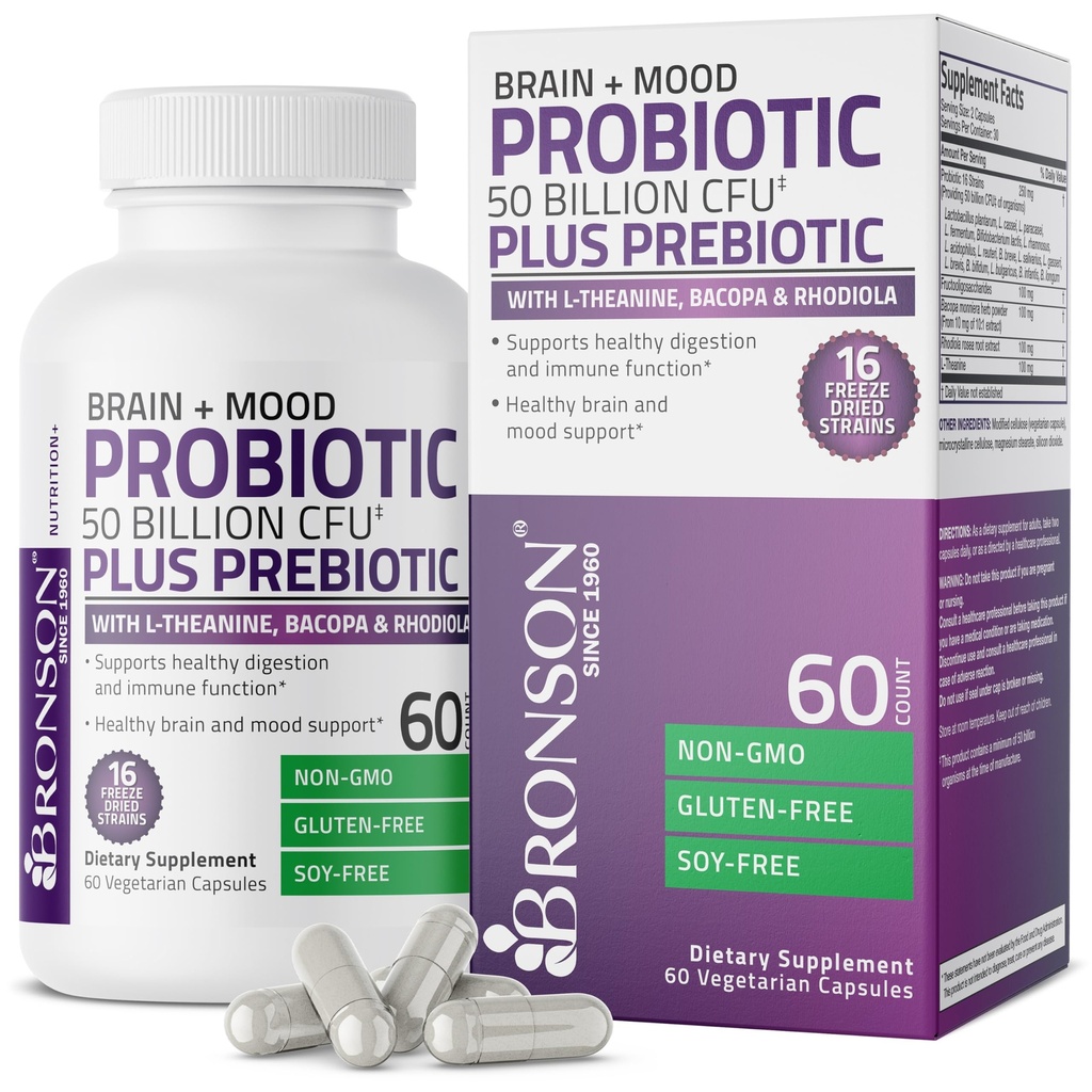 Bronson Brain + Mood Probiotic 50 억 CFU Plus Prebiotic with L-Theanine, Bacopa 및 Rhodiola Non-GMO, 60 채식 캡슐