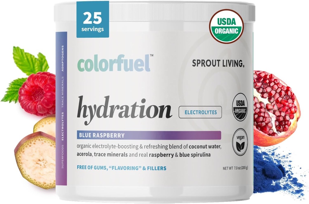 Sprout Living, Colorfuel Hydration Powder Drink Mix, Organic Superfoods + Adaptogens | Hydration & Recovery, Electrolytes, Himalayan Pink Salt, Blue Spirulina, 블루 라즈베리 맛 (25 인분)