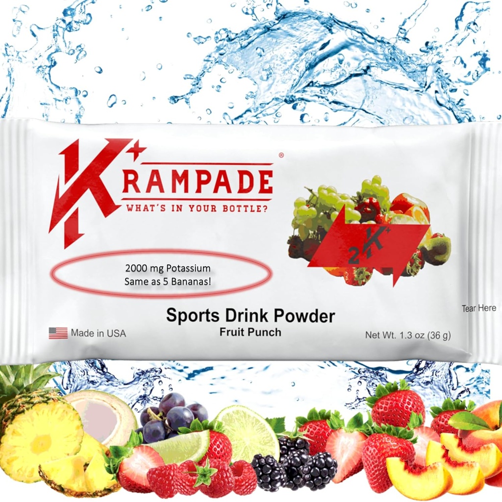 Krampade Anti-Cramping 칼륨 교체 스포츠 음료 - 2K 과일 펀치 단일 Serve 무색