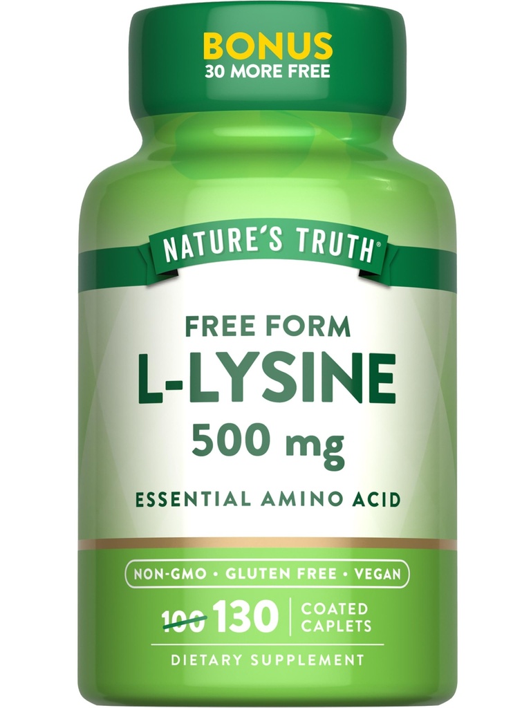 Nature's Truth L-Lysine 500mg | 130 코팅 캡릿 | 무료 양식 | 필수 아미노산 | Vegan, Non-GMO, & 글루텐 무료 보충