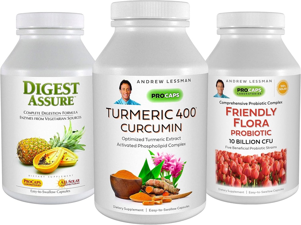ANDREW LESSMAN 3 제품 다이제스트 묶음 - 30 캡슐 각각 Turmeric 400 Curcumin, Digest Assure & Ultimate Friendly Flora. 건강한 소화 과정을 지원하고 강화하십시오.