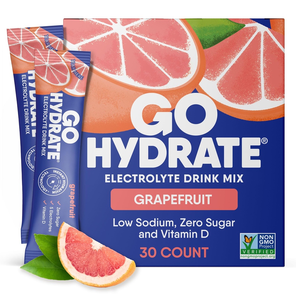 GoHydrate 낮은 나트륨 Electrolytes 분말 패킷 설탕 무료 - 즉시 Hydration 매일 음료 혼합 - Zero Sugar Water flavor Packet은 비타민 D - (Grapefruit, 30 팩)로 싱글