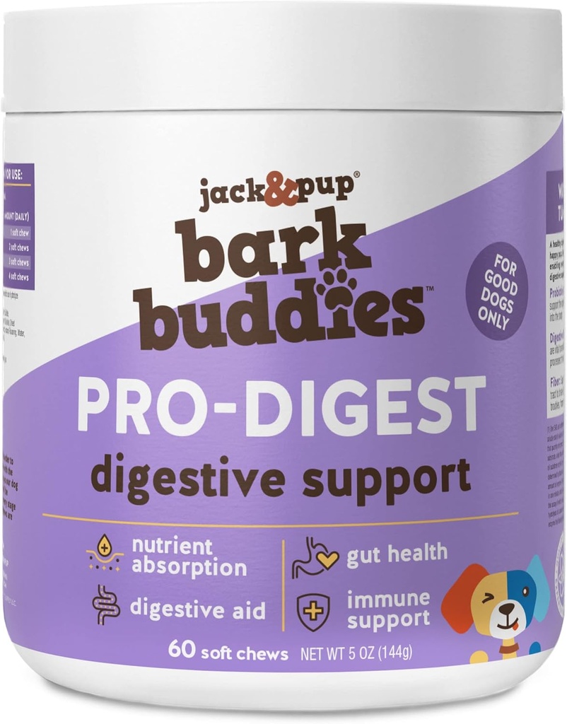 개를위한 Jack&Pup Probiotic Chews - Dog Probiotic Chews Small and Medium - Pro-Digest Bark Buddies (최대 40 파운드) 강아지 Probiotic Dog Chews, 애완 동물 Probiotics for Dogs - 강아지를위한 Probiotics (60ct)