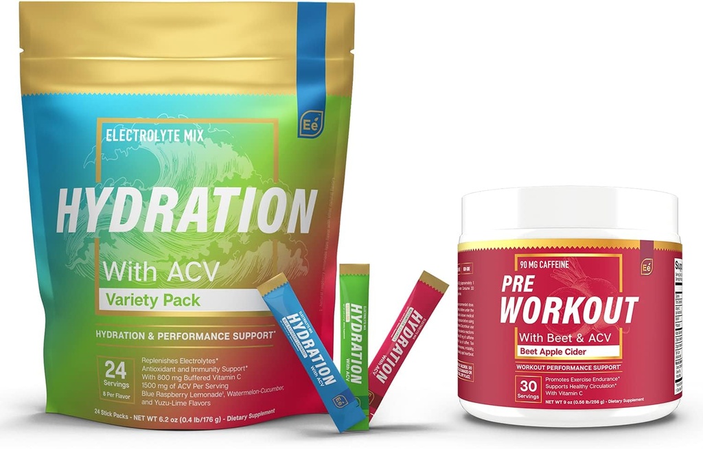 Sugar Free Hydration Powder Packets Variety - 24 스틱 팩 & ACV가있는 PreWorkout Powder | 열, 운동, 여행, 매일 Hydration + Superfood Energy & All-Natural Nitric Oxide Booster Plus 카페인