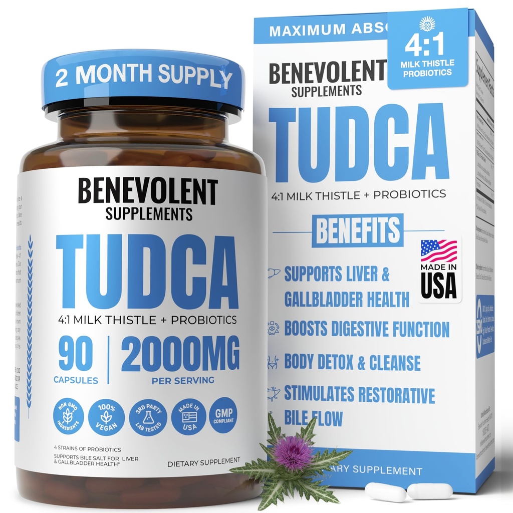 2000mg 고급 TUDCA 보충 - 최대 흡수 TUDCA Bile 소금 4 : 1 우유 이틀 및 Probiotics - 지원 Liver Detox & Cleanse, Gallbladder, Gut & Kidney 건강 - 90 Vegan 캡슐