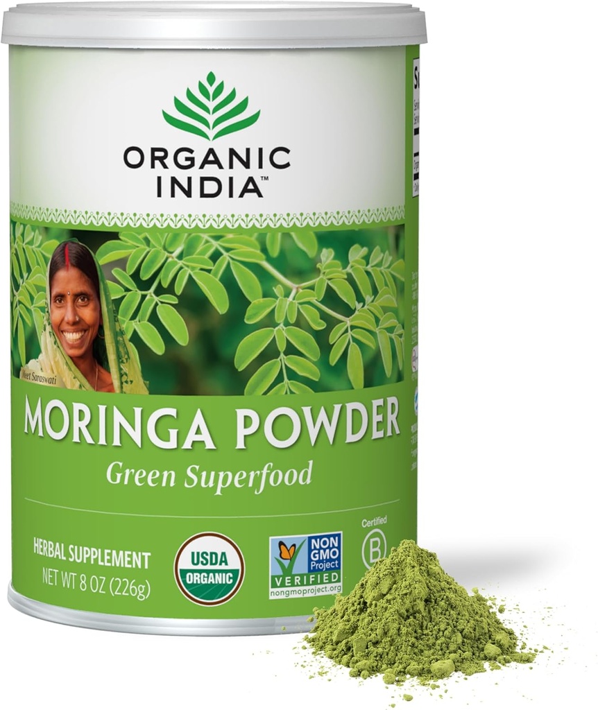 ORGANIC INDIA Moringa 분말 - Moringa Oleifera 잎 초본 보충교재, 녹색 Superfood, 영양 Dense, 순수한 식물 단백질, 비타민 A, E, K, 철, 칼슘, 섬유, 채식주의자, USDA는 유기 - 8개 oz를 증명했습니다