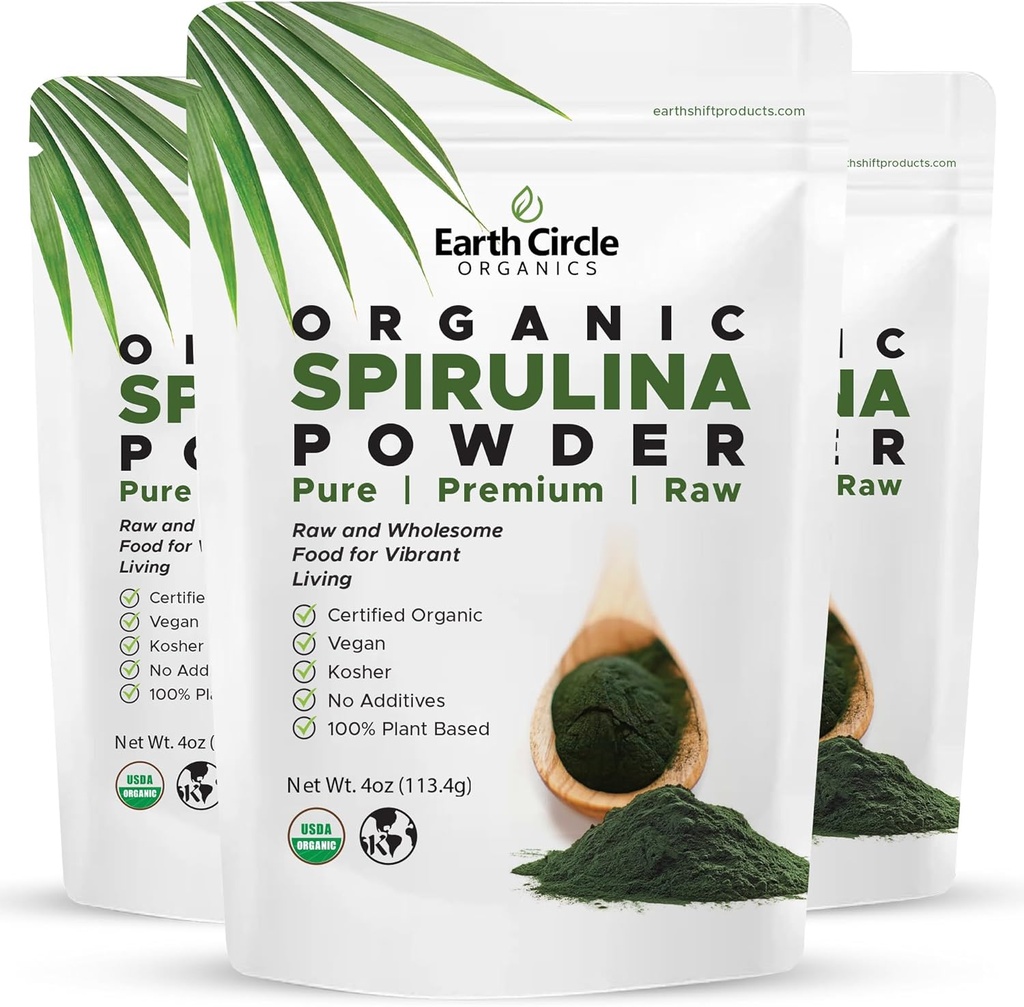 Earth Circle Organics Spirulina Powder, Kosher, Raw 및 Non-Irradiated | 순수 채식 단백질 | 아미노산 및 산화 방지제의 우수한 Superfood - 4 Ounce (3 팩)