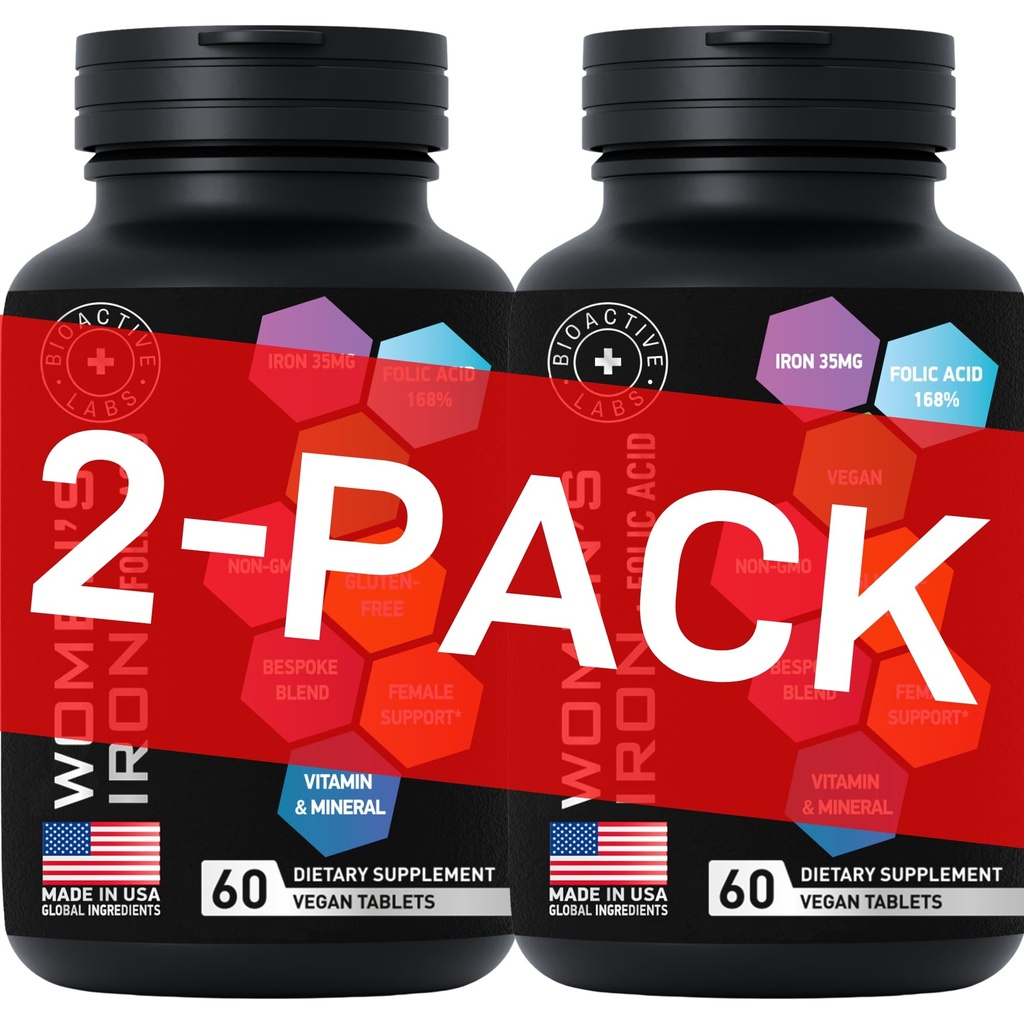 페놀 산을 가진 여자를 위한 Vegan 철 보충교재 - 168% Folate Folic 산, Anemia와 임신한 여자를 가진 194% Ferrous 황산염 혈액 건축업자 - 2-Pack, 120 Gluten 자유로운 Gentle 철 정제