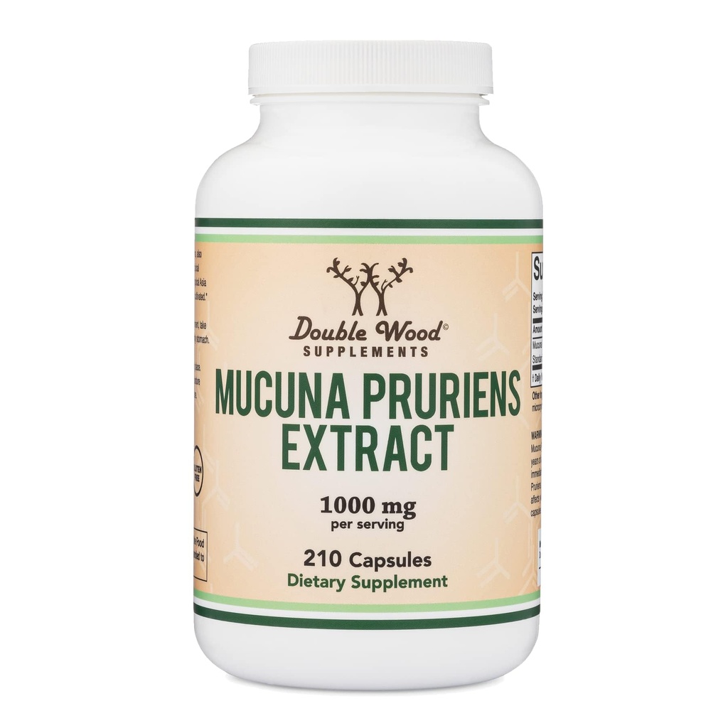 Mucuna Pruriens Extract Capsules - Dopamine Boosting Supplement - 210 Count, 1000mg Per 서빙, 20 % (벨벳 콩에서) (무드와 동기 지원 용) 세 번째 파티 테스트 더블 우드
