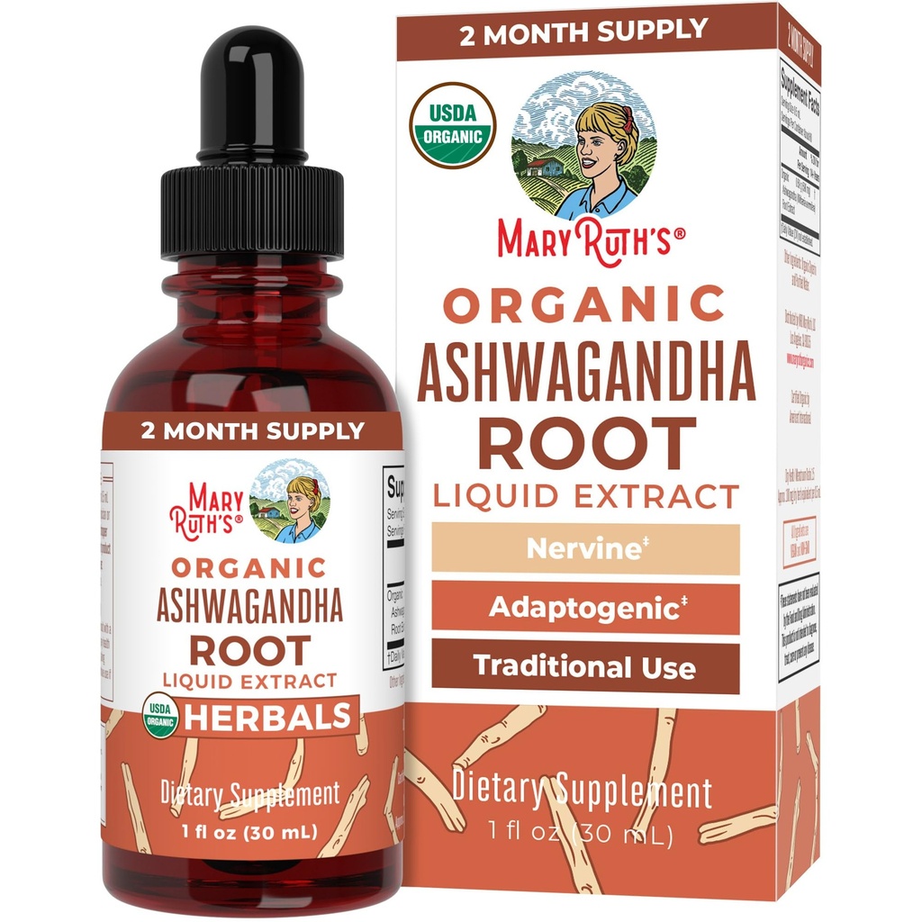 MaryRuth Organics Ashwagandha Root | USDA Organic Ashwagandha Liquid Drop | 스트레스 릴리프, 자연적인 캘름, 휴식 및 무드 지원 보충교재 | Adaptogenic | Nervine | Vegan | Non-GMO | 60 서빙